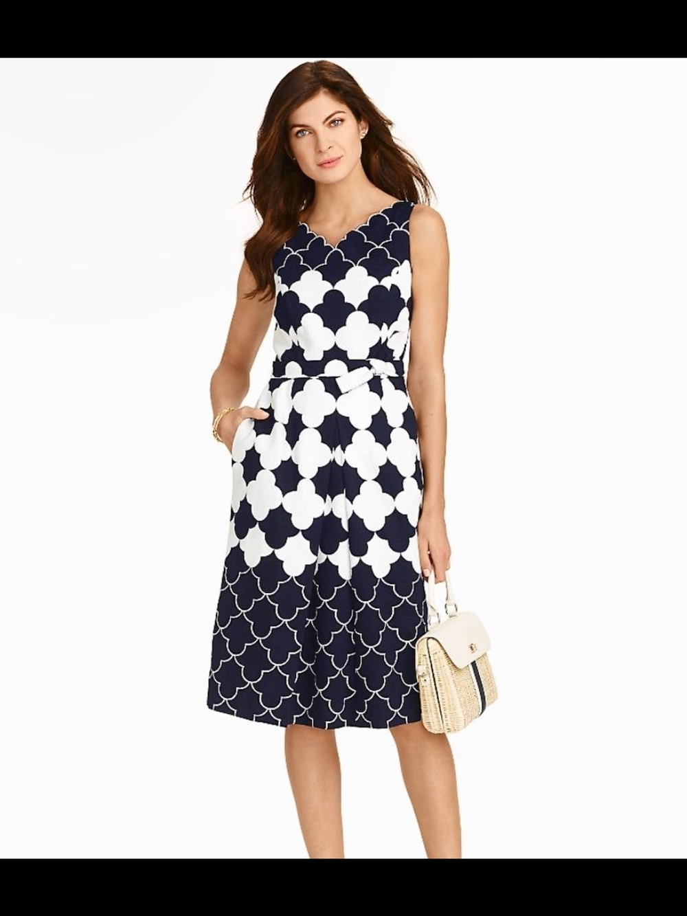 TALBOTS Sleeveless Navy and White Printed Midi Dress